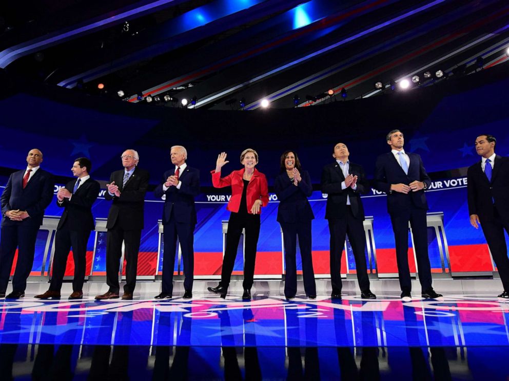 PHOTO: Democratic presidential hopefuls stand onstage ahead of the third Democratic primary debate of the 2020 presidential campaign season hosted by ABC News in partnership with Univision at Texas Southern University in Houston on Sept. 12, 2019.