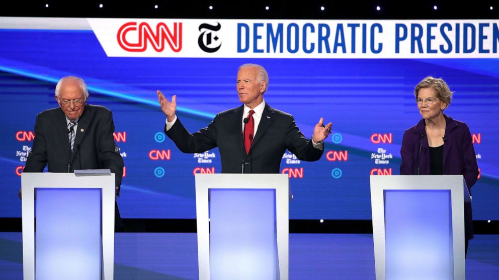 PHOTO: Sen. Bernie Sanders (I-VT), former Vice President Joe Biden, and Sen. Elizabeth Warren (D-MA) on stage during the Democratic Presidential Debate, Oct. 15, 2019, in Westerville, Ohio.