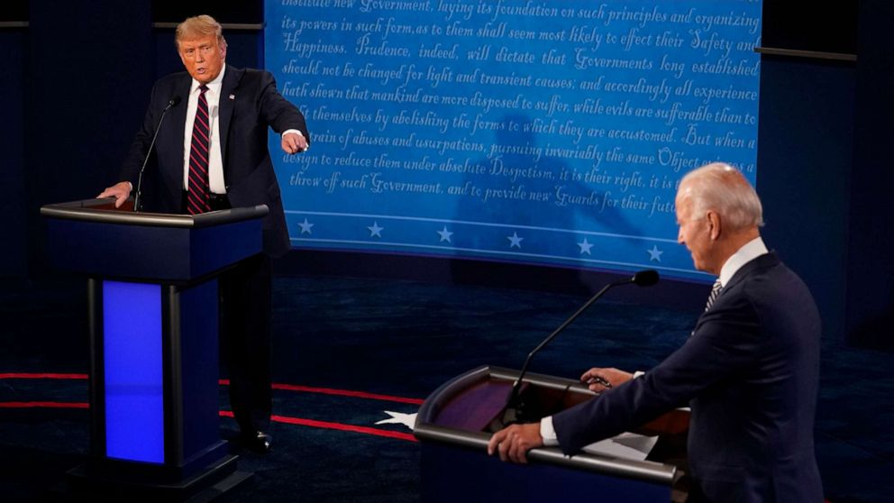 PHOTO: Democratic Presidential candidate and former Vice President Joe Biden (R) and President Donald Trump take part in the first presidential debate at Case Western Reserve University and Cleveland Clinic in Cleveland, Sept. 29, 2020.