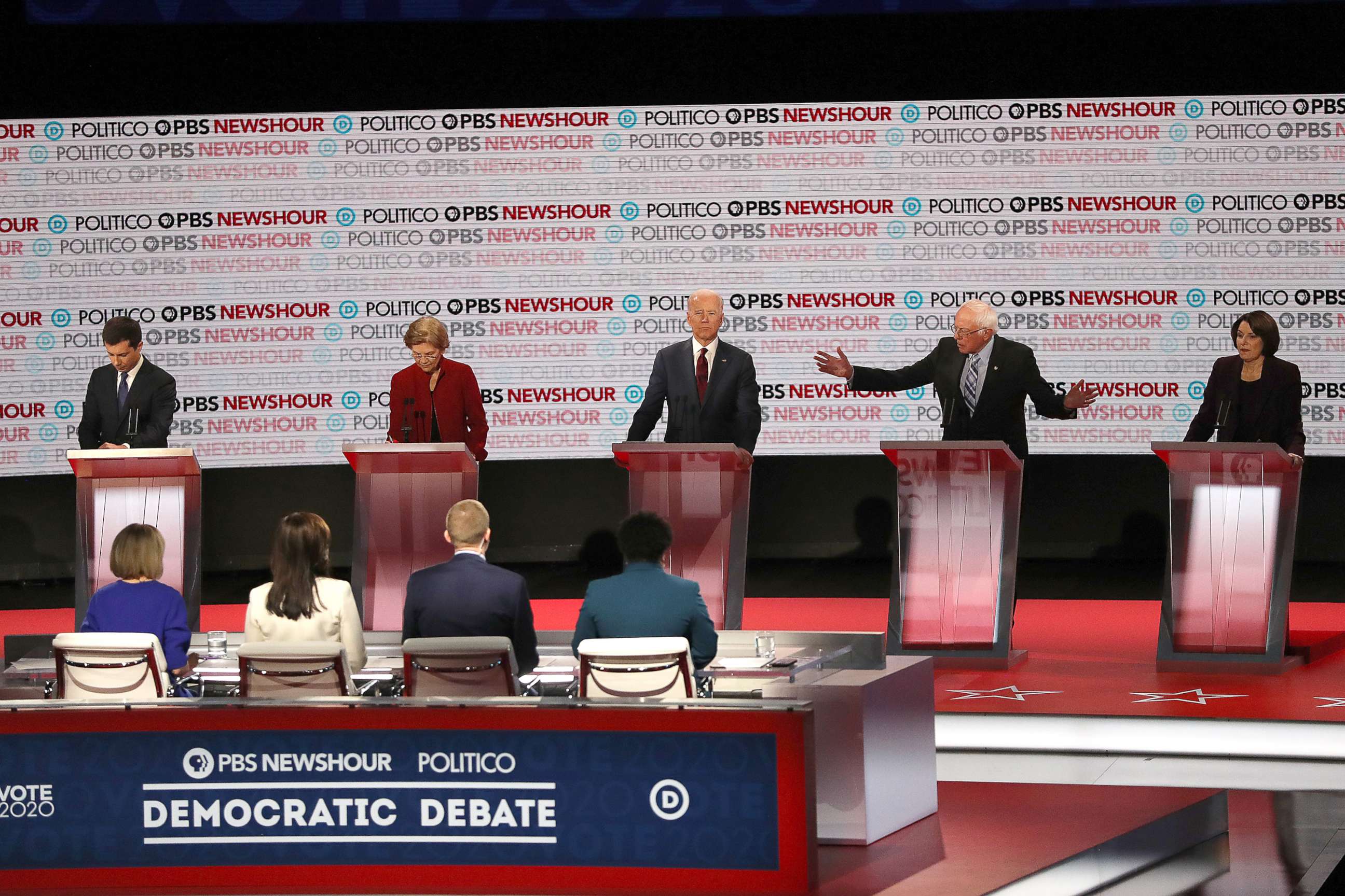 PHOTO: Sen. Bernie Sanders speaks as Mayor Pete Buttigieg,  Sen. Elizabeth Warren, former Vice President Joe Biden, and Sen. Amy Klobuchar listen during during the Democratic presidential primary debate on Dec. 19, 2019, in Los Angeles.