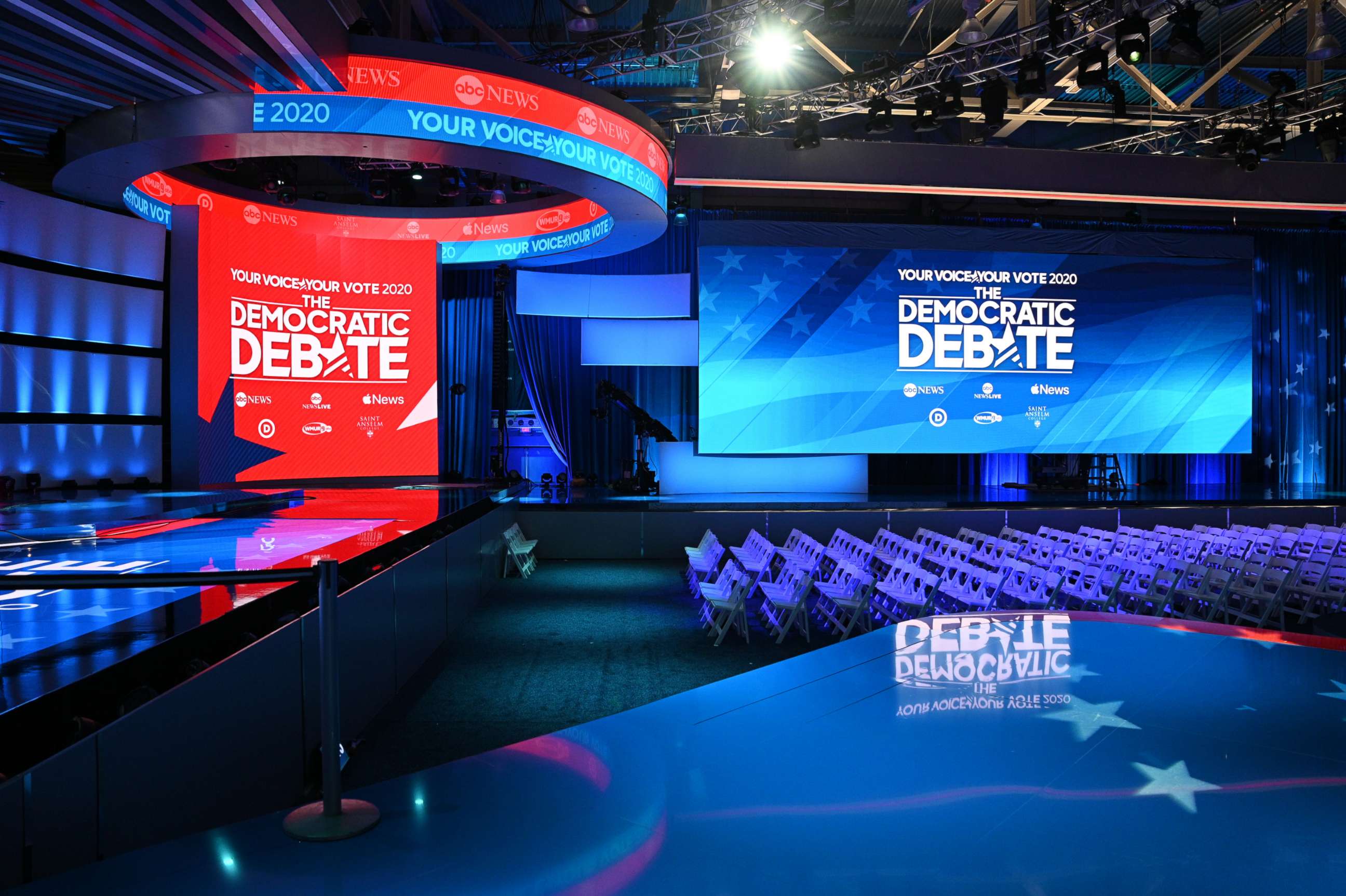 PHOTO: The stage is set for the eighth Democratic primary debate in Manchester, N.H., hosted by ABC News in partnership with WMUR-TV and Apple News.