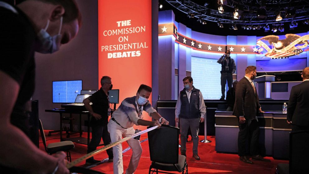 PHOTO: Audience seating is spaced six feet apart to reduce the risk posed by the coronavirus as crews prepare for the second presidential debate at the Curb Event Center on the campus of Belmont University, Oct. 21, 2020 in Nashville, Tenn.