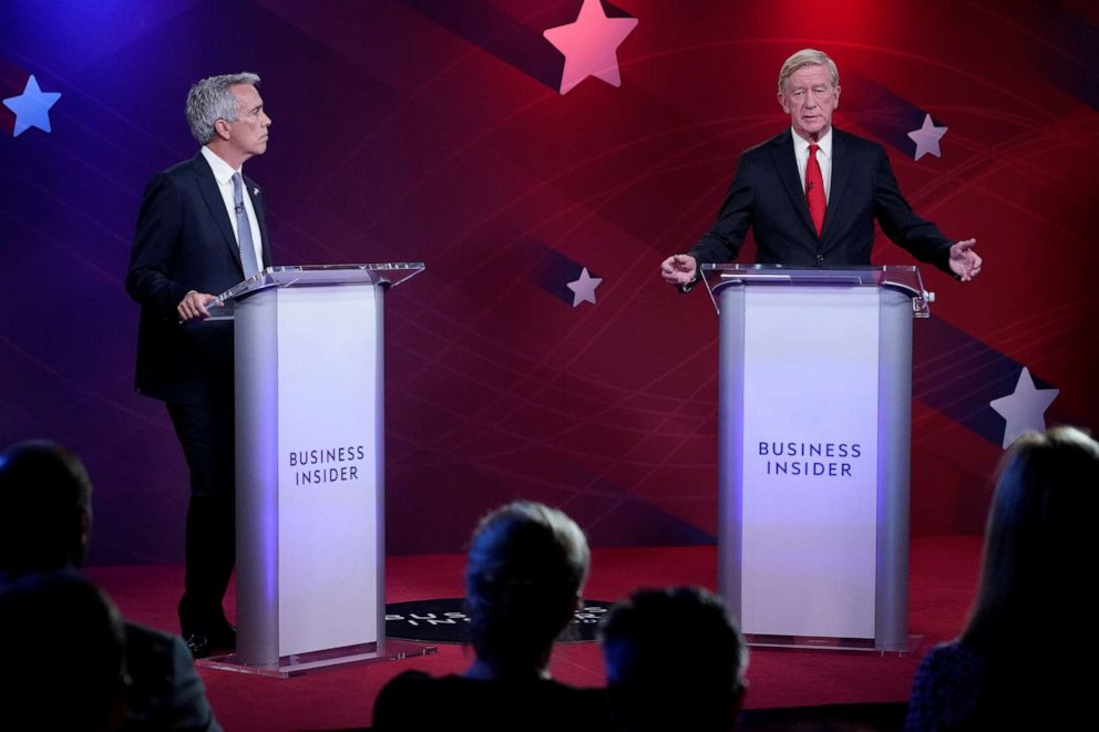 PHOTO: 2020 Republican U.S. presidential candidates, former U.S. congressman Joe Walsh and former Massachusetts Governor Bill Weld debate in New York, U.S. September 24, 2019.