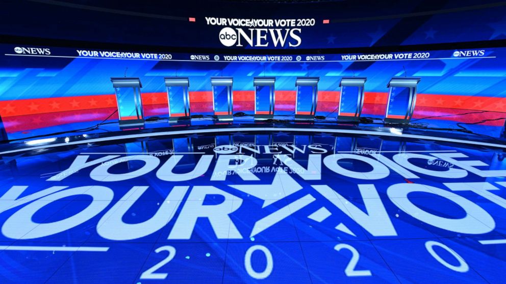 PHOTO: The stage is set for the eighth Democratic primary debate in Manchester, N.H., hosted by ABC News in partnership with WMUR-TV and Apple News.