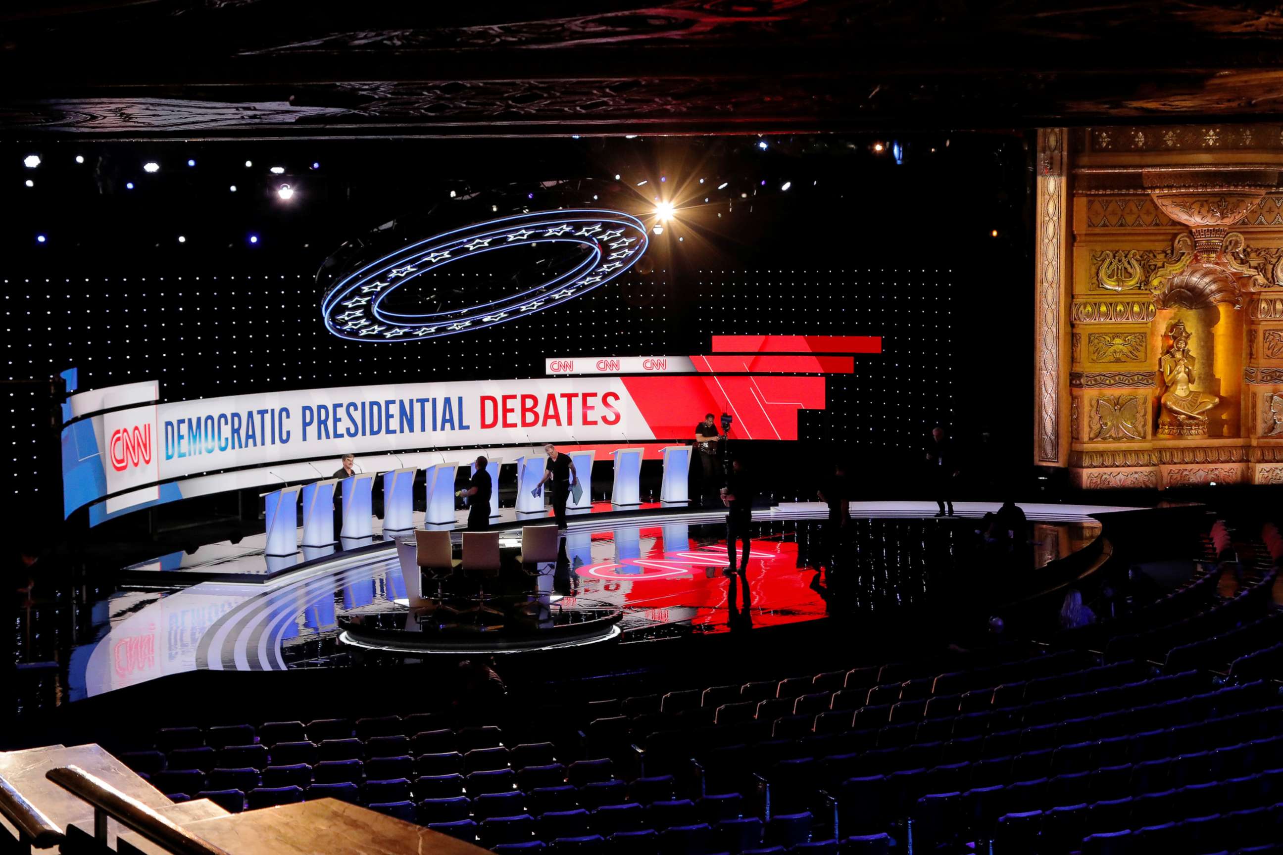 PHOTO: Crews prepare the stage for the second Democratic 2020 presidential candidates debate in  Detroit, Mich., July 30, 2019. 