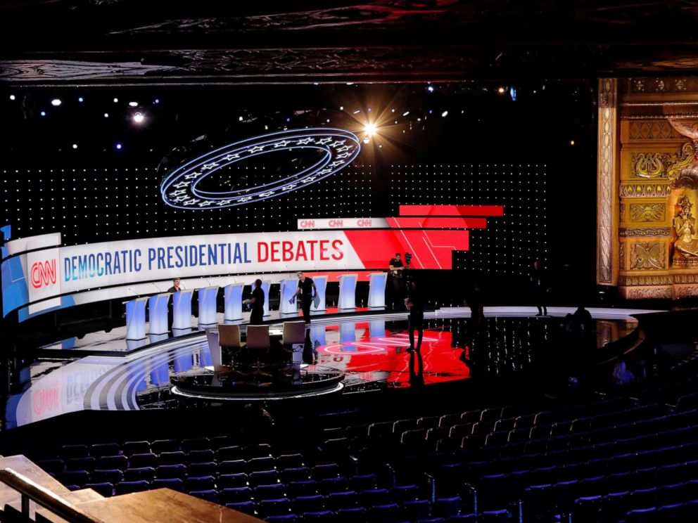 PHOTO: Crews prepare the stage for the second Democratic 2020 presidential candidates debate in Detroit, Mich., July 30, 2019.