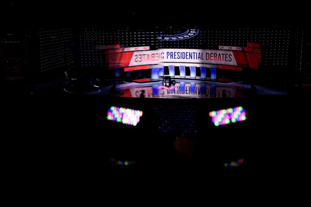 PHOTO: The debate stage at the Fox Theater in Detroit, Mich., July 30, 2019, ahead of the 2nd Democratic Presidential Debate.