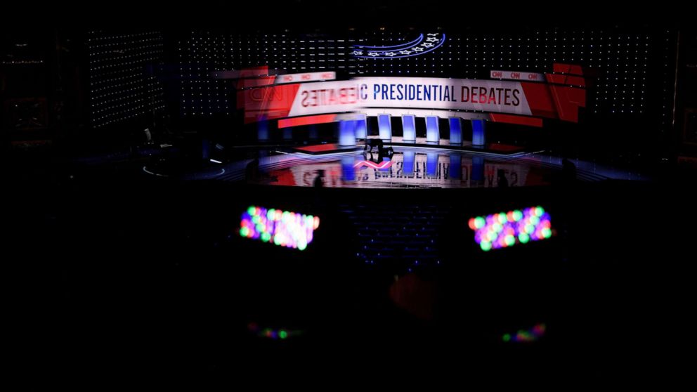 PHOTO: The debate stage at the Fox Theater in Detroit, Mich., July 30, 2019, ahead of the 2nd Democratic Presidential Debate.