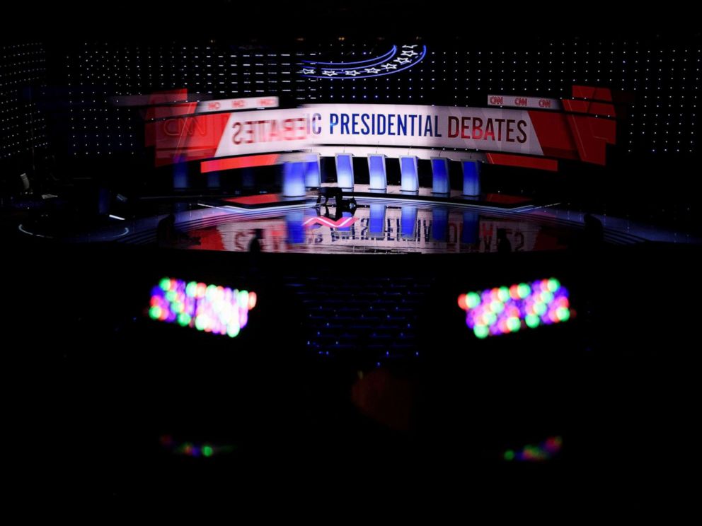 PHOTO: The debate stage at the Fox Theater in Detroit, Mich., July 30, 2019, ahead of the 2nd Democratic Presidential Debate.