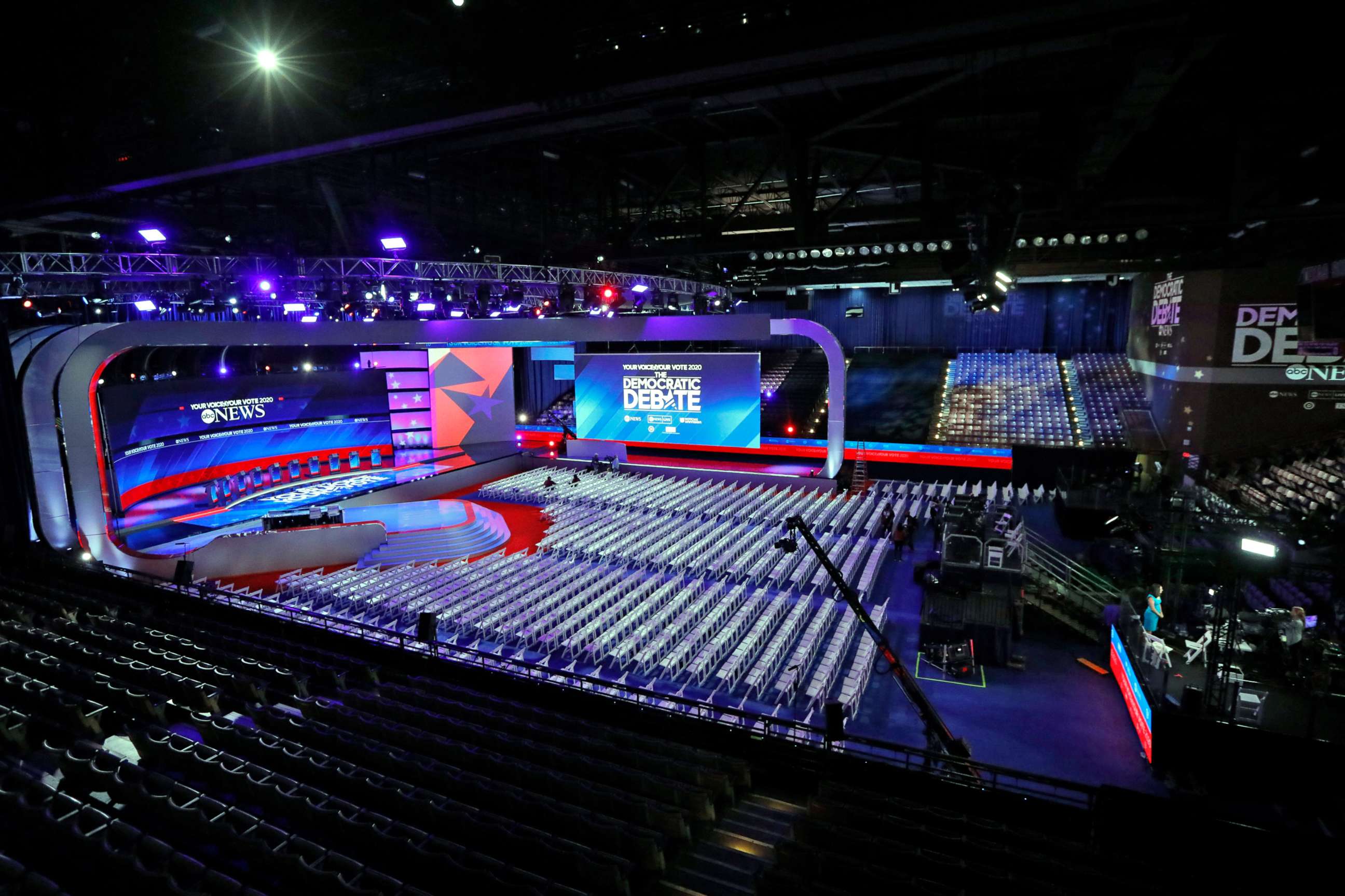 PHOTO: The stage is set for the Democratic debate at Texas Southern University's Health & PE Center in Houston, Sept. 12, 2019.