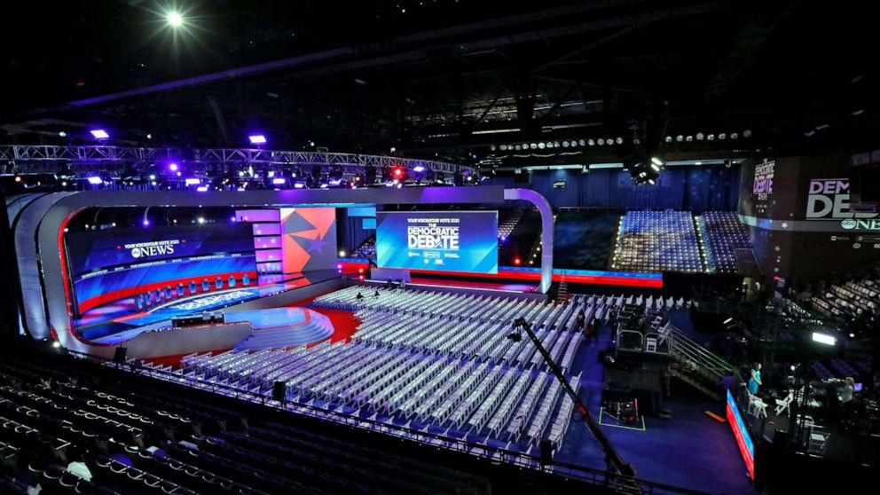 PHOTO: The stage is set for the Democratic debate at Texas Southern University's Health & PE Center in Houston, Sept. 12, 2019.