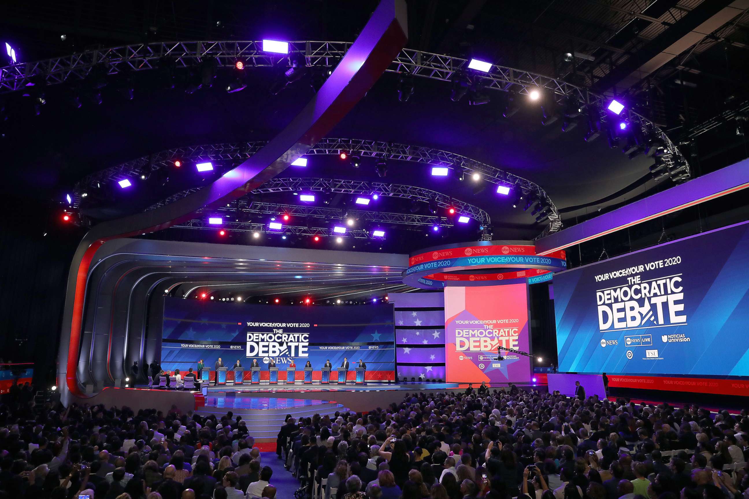 PHOTO: Democratic presidential candidates appear on stage before the start of the Democratic Presidential Debate at Texas Southern University's Health and PE Center on Sept. 12, 2019 in Houston. 