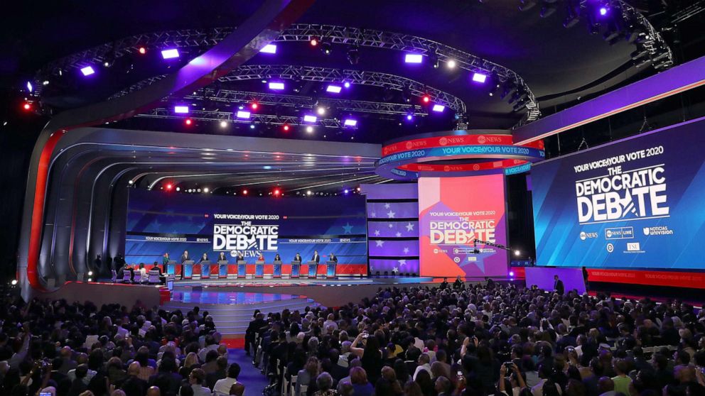PHOTO: Democratic presidential candidates appear on stage before the start of the Democratic Presidential Debate at Texas Southern University's Health and PE Center on Sept. 12, 2019 in Houston. 