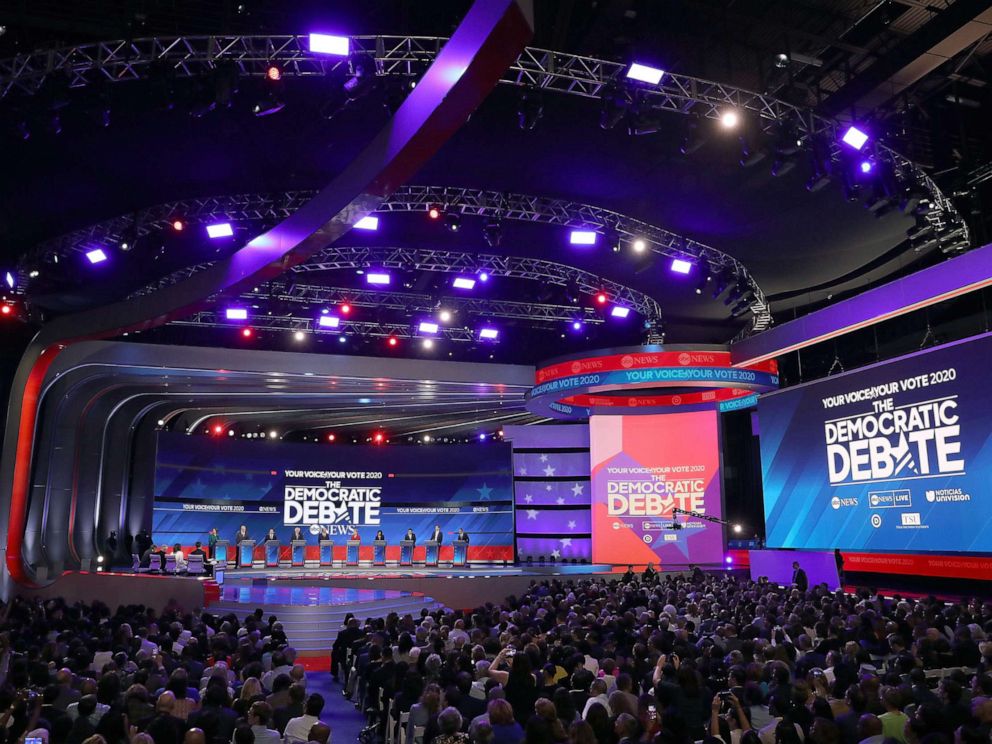 PHOTO: Democratic presidential candidates appear on stage before the start of the Democratic Presidential Debate at Texas Southern Universitys Health and PE Center on Sept. 12, 2019 in Houston.