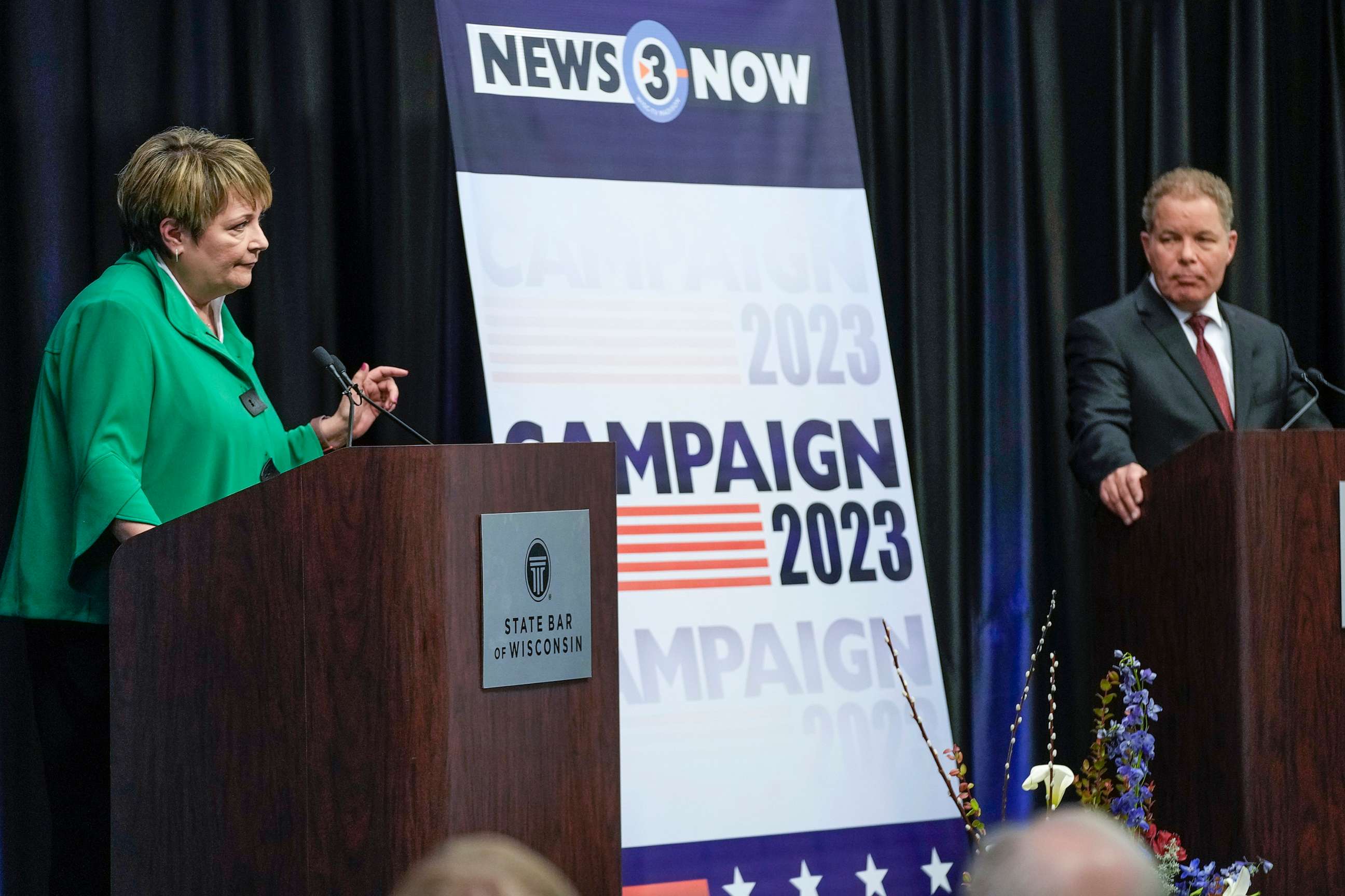 PHOTO: Wisconsin Supreme Court candidates Janet Protasiewicz, left, and Dan Kelly participate in a debate, March 21, 2023, in Madison, Wis.