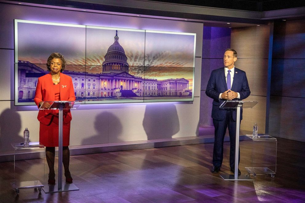 PHOTO: Democratic candidate for U.S. Senate Cheri Beasley, left, and Republican challenger U.S. Rep. Ted Budd, R-N.C. answer questions during a televised debate, Oct. 7, 2022, at Spectrum News 1 studio in Raleigh, N.C.