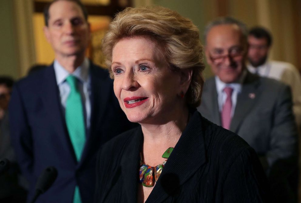 PHOTO: Sen. Debbie Stabenow talks with reporters following the Senate Democratic policy luncheon at the U.S. Capitol, Aug. 1, 2017, in Washington. 