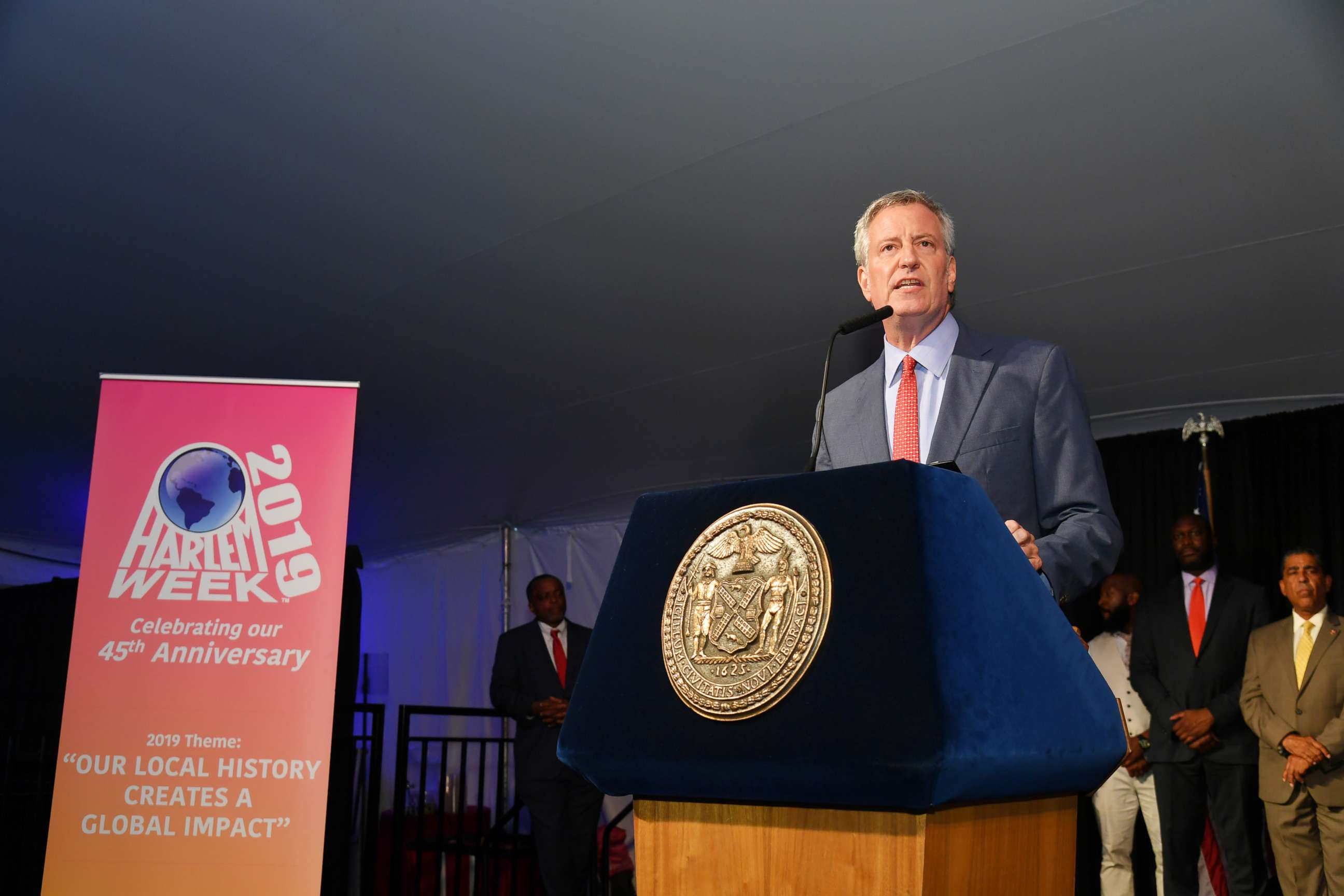 PHOTO: New York City Mayor Bill de Blasio speaks onstage honor of Memphis' 200th Anniversary celebrating "A New Century Of Soul" between two iconic communities at Gracie Mansion, July 18, 2019, in New York. 