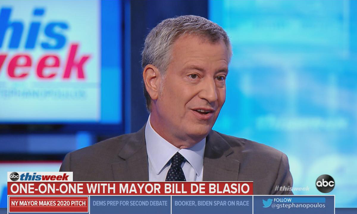 PHOTO: New York Mayorand 2020 Democratic Presidential Candidate Bill de Blasio appears on "This Week With George Stephanopoulos," July 28, 2019. 