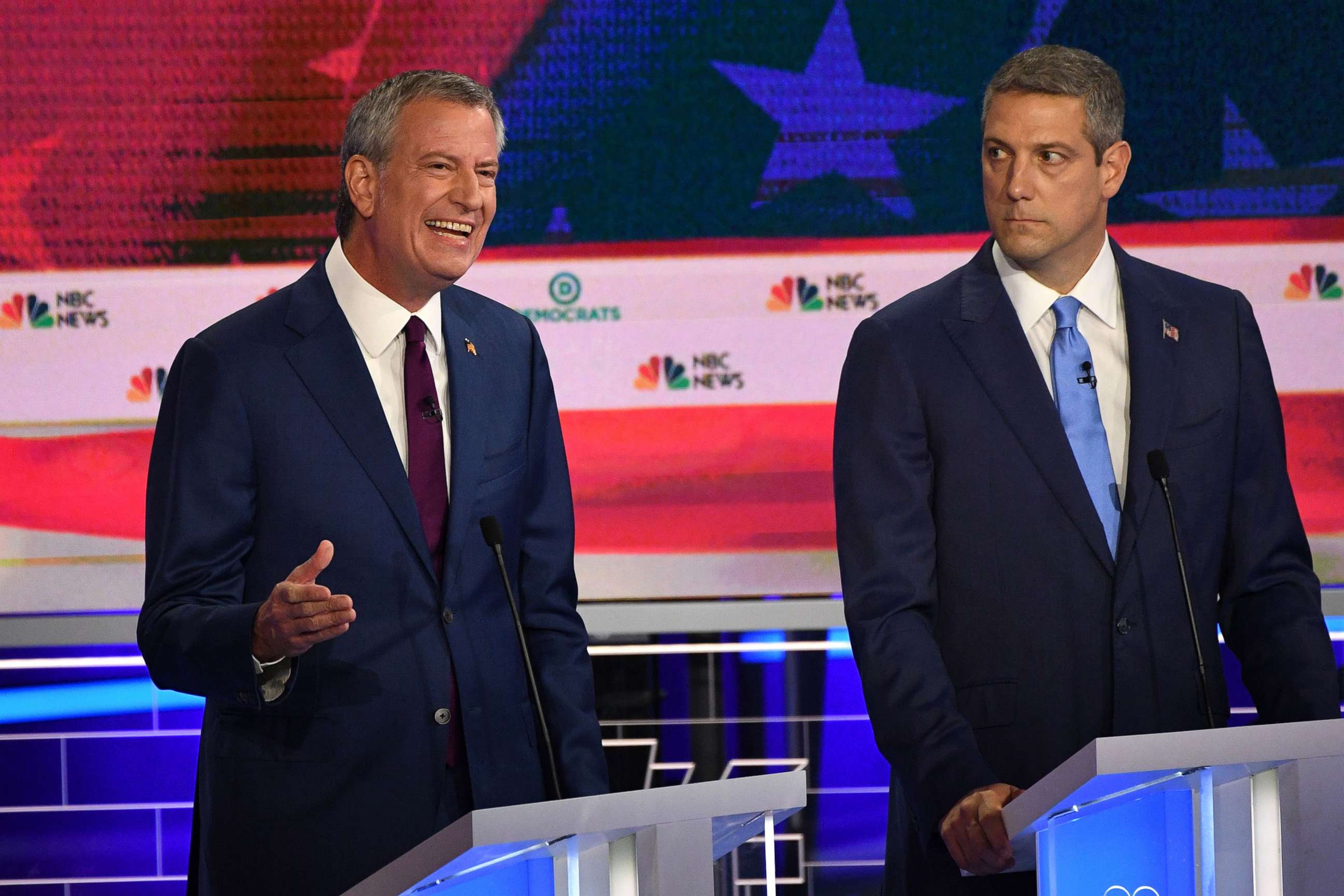 PHOTO: Mayor of New York City Bill de Blasio speaks as Tim Ryan looks on as they participate in the first Democratic primary debate hosted by NBC News at the Adrienne Arsht Center for the Performing Arts in Miami, Florida, June 26, 2019.