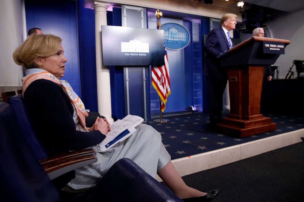 PHOTO: Dr. Deborah Birx, White House coronavirus response coordinator, listens as President Donald Trump speaks about the coronavirus in the James Brady Press Briefing Room of the White House, April 23, 2020, in Washington.