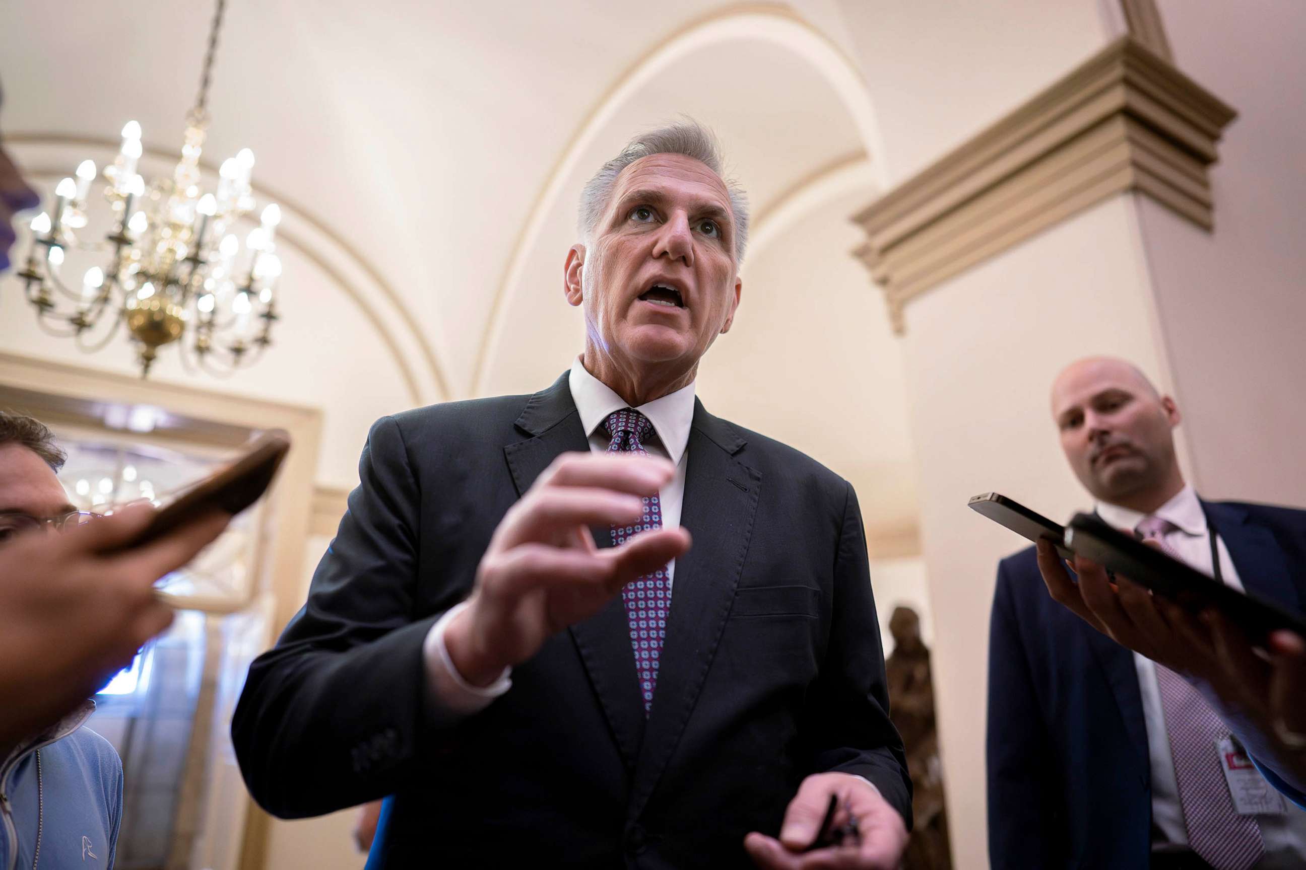 PHOTO: Speaker of the House Kevin McCarthy stops to talk to reporters about the debt limit negotiations as he arrives at the Capitol in Washington, May 22, 2023.