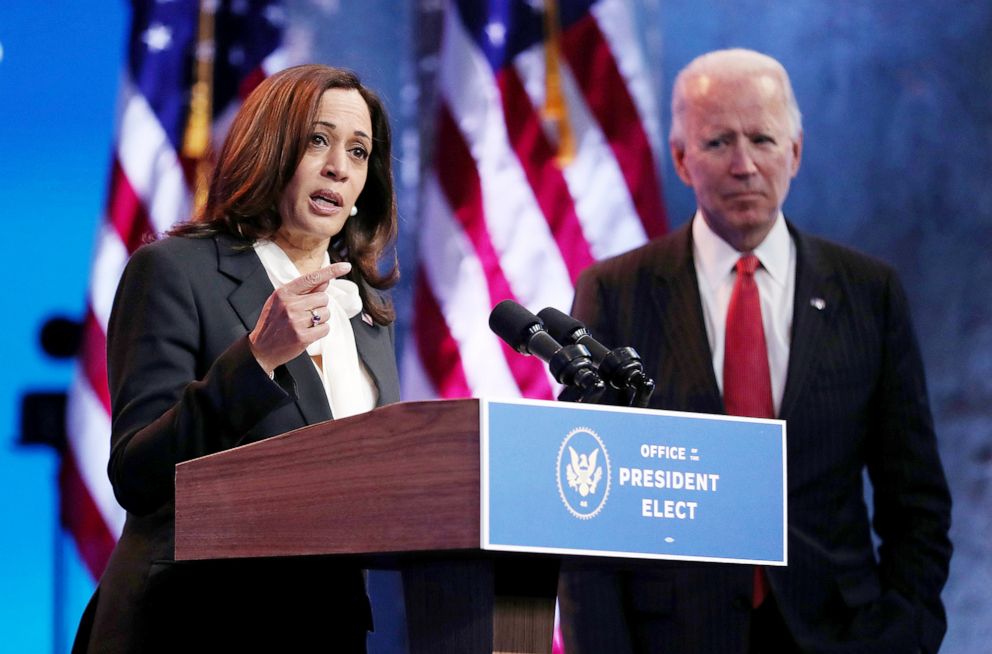 PHOTO: President-elect Joe Biden and Vice President-elect Kamala Harris hold a press conference after a virtual meeting with the National Governors Association's executive committee in Wilmington, Del., Nov. 19, 2020.