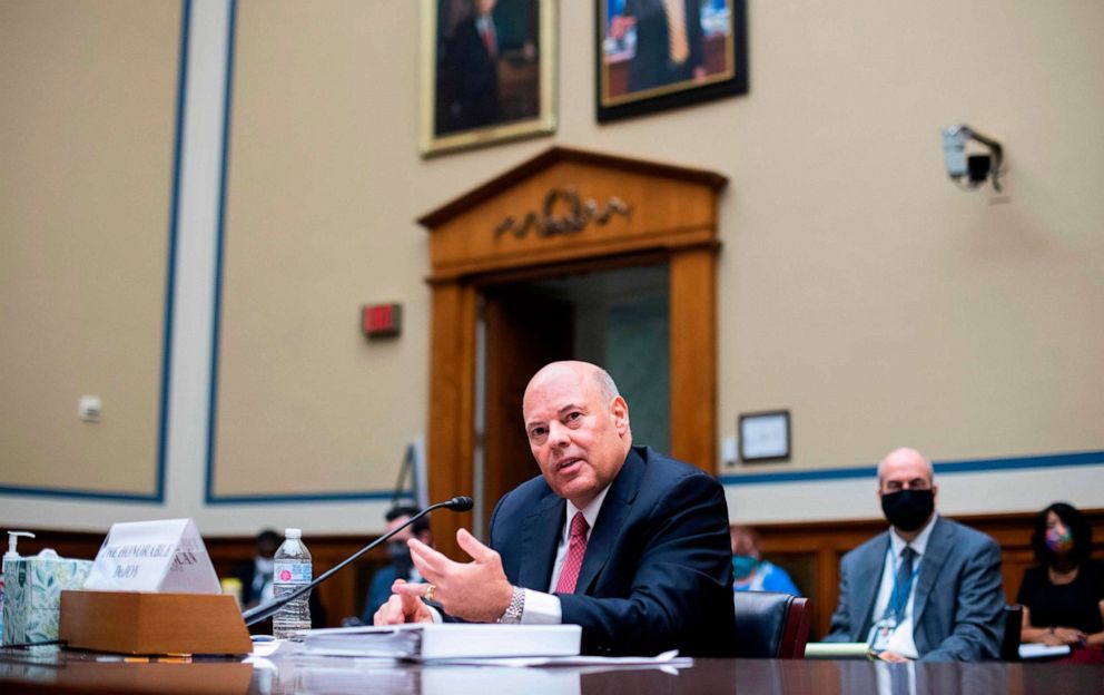 PHOTO: Postmaster General Louis DeJoy testifies during a House Oversight and Reform Committee hearing on slowdowns at the Postal Service ahead of the November elections on Capitol Hill in Washington, DC., Aug. 24, 2020.