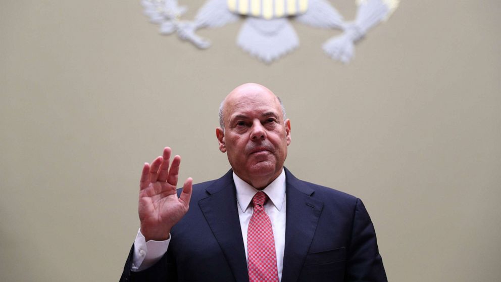 PHOTO: Postmaster General Louis DeJoy is sworn in to testify during a House Oversight and Reform Committee hearing on slowdowns at the Postal Service ahead of the November elections on Capitol Hill in Washington,D.C. on Aug. 24, 2020. 