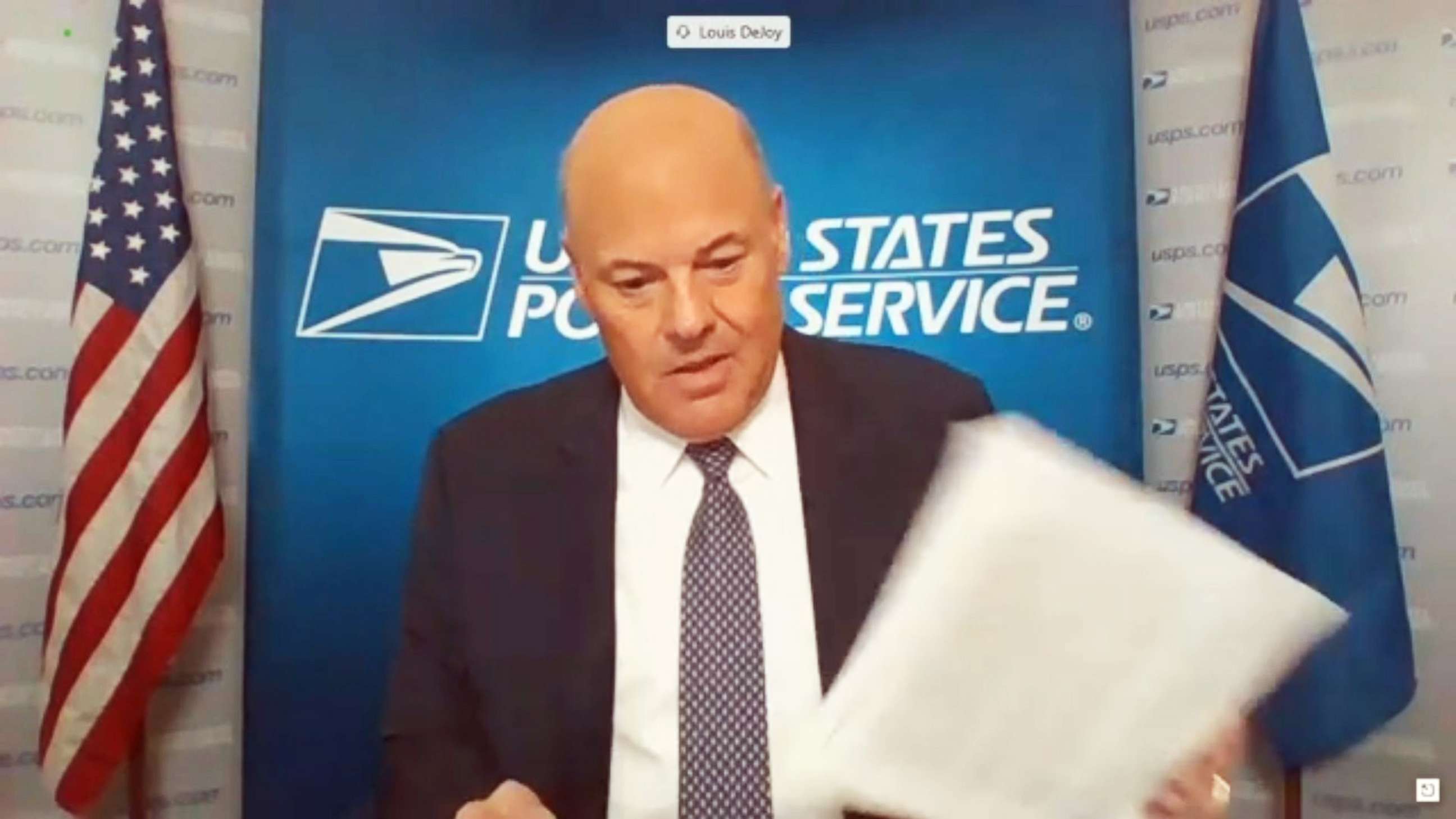 PHOTO: Postmaster General Louis DeJoy responds to questions during a virtual hearing held by the US Senate Committee on Homeland Security & Governmental Affairs in Washington, Aug. 21, 2020.