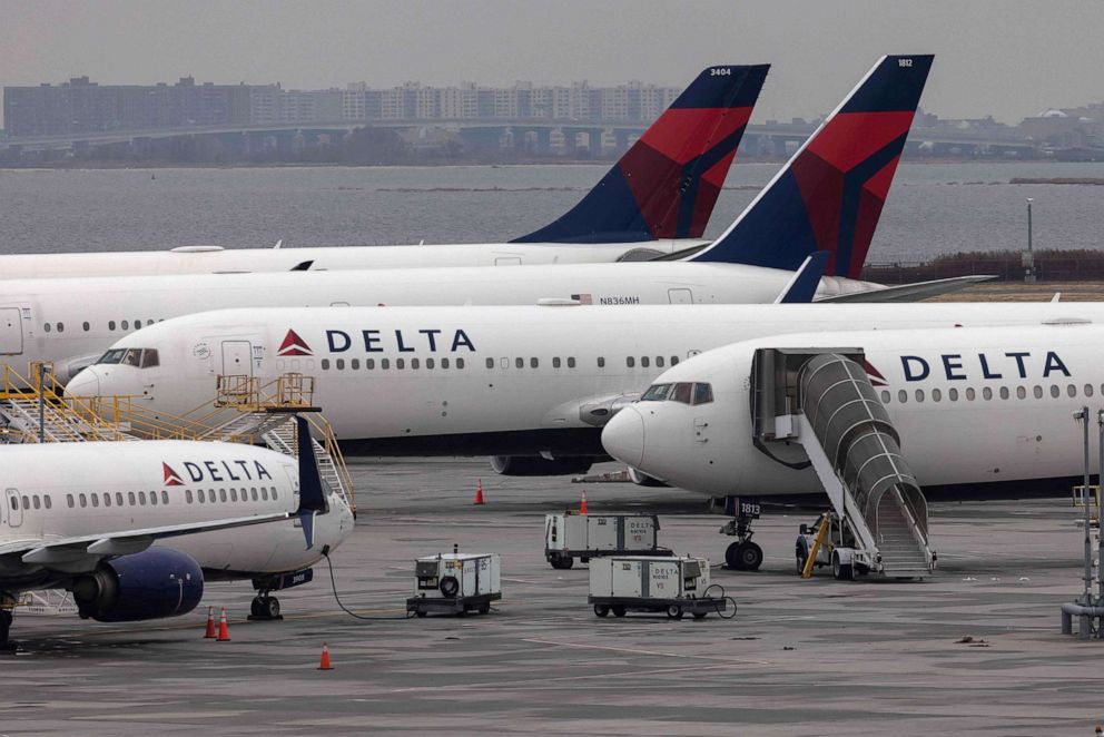 PHOTO: Delta Airlines passenger planes sit on the tarmac of John F. Kennedy International Airpot in New York, Dec. 24, 2021.