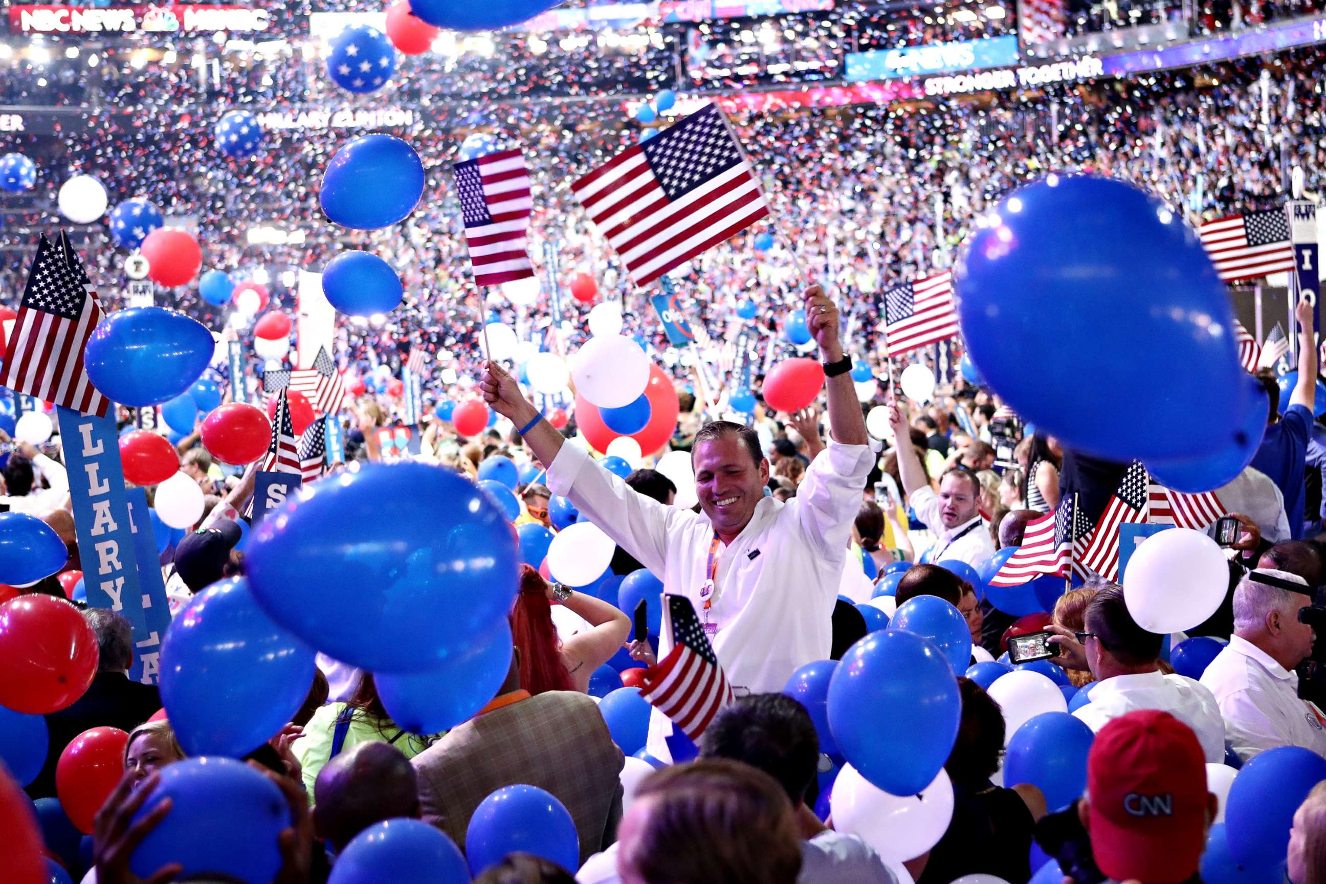 PHOTO: FILE PHOTO: Delegates celebrate after Democratic presidential candidate Hillary Clinton delivered a speech at the Democratic National Convention, July 28, 2016, in Philadelphia.