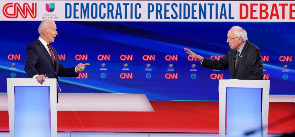 PHOTO: Democratic presidential candidates former Vice President Joe Biden and Sen. Bernie Sanders debate during the 11th Democratic candidates debate of the 2020 U.S. presidential campaign, held in CNN's Washington studios in Washington, March 15, 2020. 