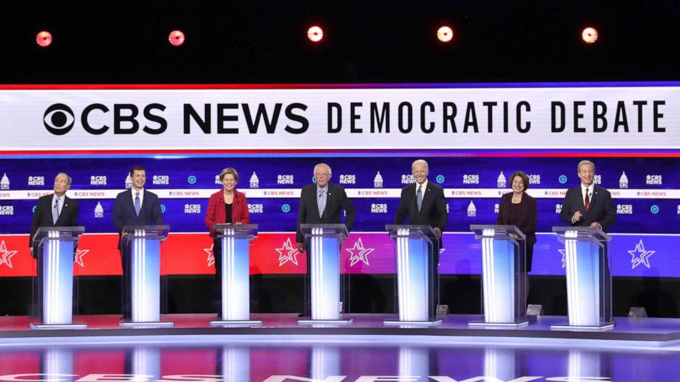 PHOTO: Democratic presidential candidates participate in a Democratic presidential primary debate, Feb. 25, 2020, in Charleston, S.C.