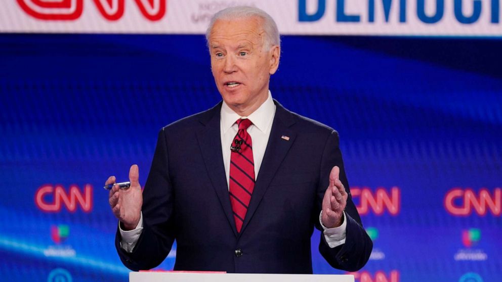PHOTO: Vice President Joe Biden, participates in a Democratic presidential primary debate with Sen. Bernie Sanders, at CNN Studios, March 15, 2020, in Washington.