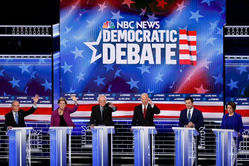 PHOTO: Democratic presidential candidates participate in a Democratic presidential primary debate, Feb. 19, 2020, in Las Vegas, hosted by NBC News and MSNBC.