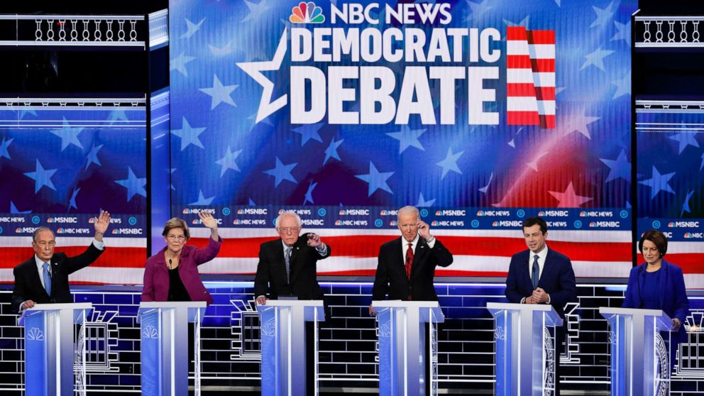 PHOTO: Democratic presidential candidates participate in a Democratic presidential primary debate, Feb. 19, 2020, in Las Vegas, hosted by NBC News and MSNBC.