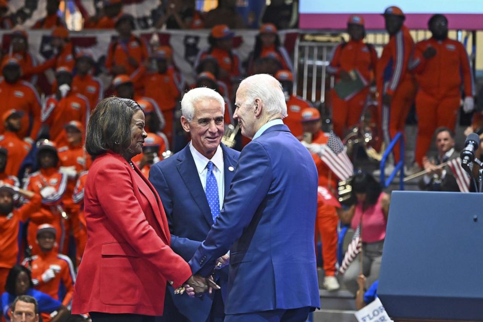 PHOTO:  Rep. Val Demings, a democrat from Florida, Charlie Crist, Democratic gubernatorial candidate for Florida, and President Joe Biden, participate in a DNC rally in Miami Gardens, Fla., Nov. 1, 2022.  