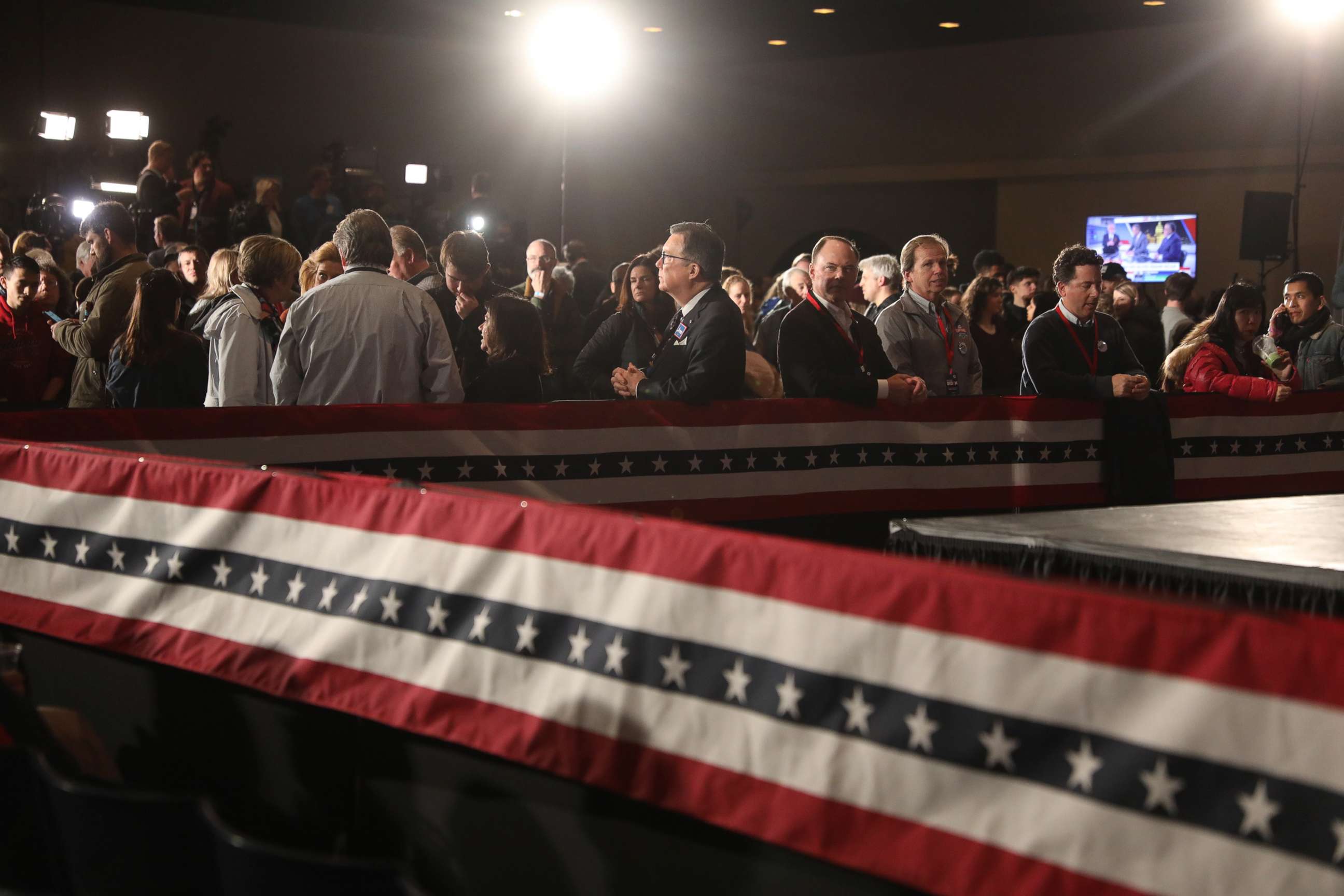 PHOTO: Supporters of former U.S. Vice President Joe Biden, 2020 Democratic presidential candidate, wait for results during a caucus night watch party in Des Moines, Iowa, Feb. 3, 2020