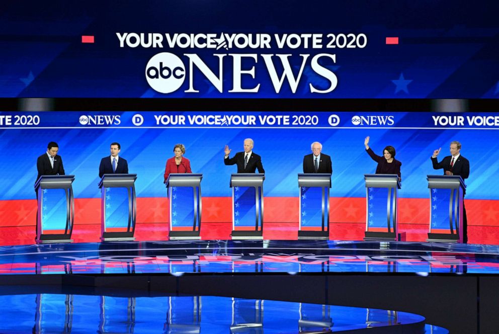 PHOTO: Candidates during the Democratic presidential debate hosted by ABC News, Apple News, and WMUR-TV at Saint Anselm College in Manchester, N.H., on Feb. 7, 2020. 