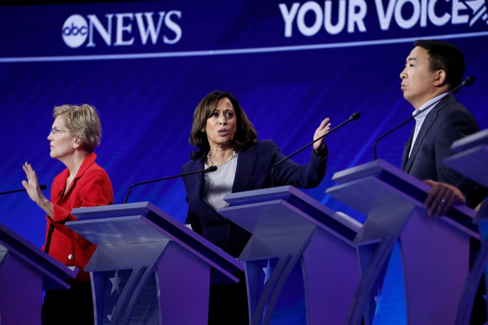 PHOTO: Democratic presidential hopefuls Sen. Elizabeth Warren, Sen. Kamala Harris and Andrew Yang participate in the third Democratic primary debate hosted by ABC News in Houston, Sept. 12, 2019.
