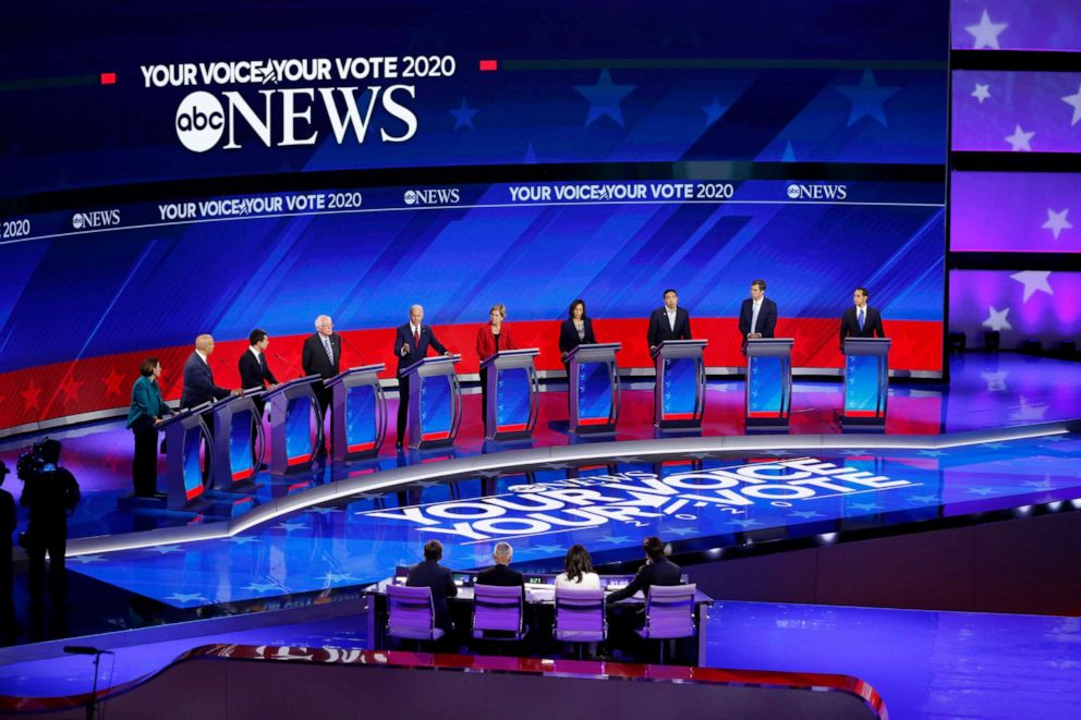 PHOTO: George Stephanopoulos, David Muir, Linsey Davis and Jorge Ramos moderate the Democratic debate from Texas Southern University in Houston, TX., on Sept. 12, 2019.