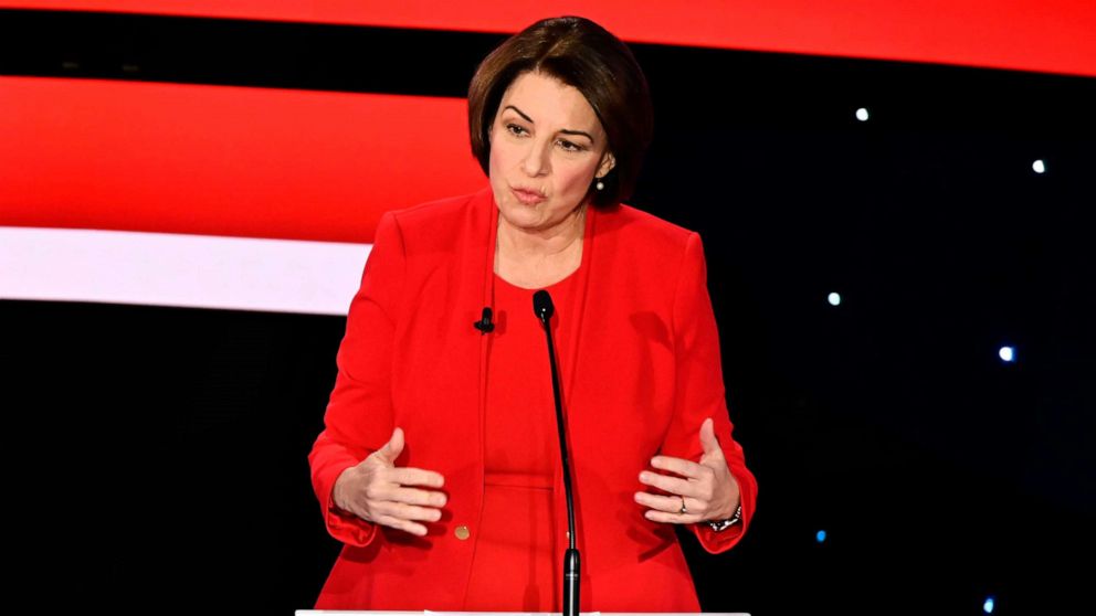 PHOTO: Sen. Amy Klobuchar speaks during the seventh Democratic primary debate of the 2020 presidential campaign season co-hosted by CNN and the Des Moines Register at the Drake University campus in Des Moines, Iowa on Jan. 14, 2020.