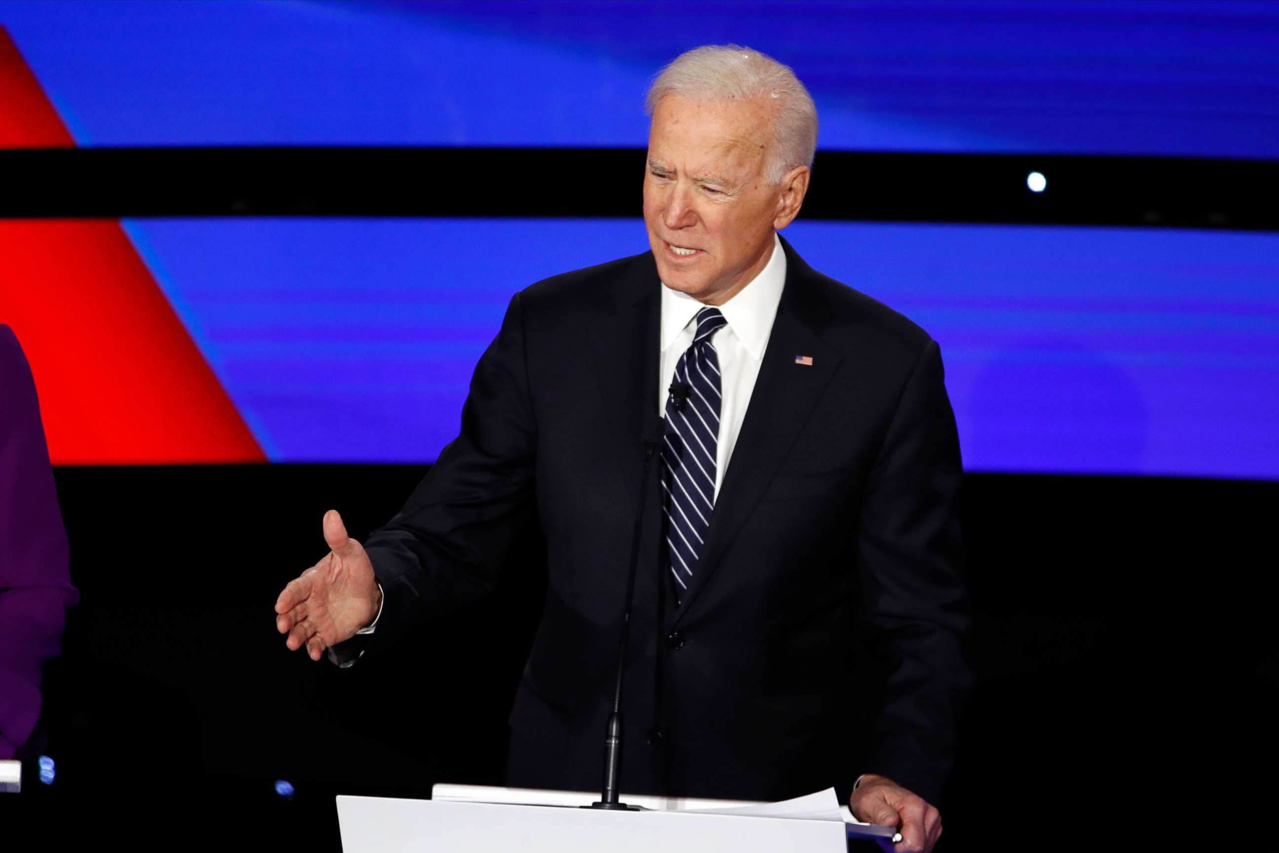 PHOTO: Former Vice President Joe Biden speaks during a Democratic presidential primary debate hosted by CNN and the Des Moines Register in Des Moines, Iowa, Jan. 14, 2020.