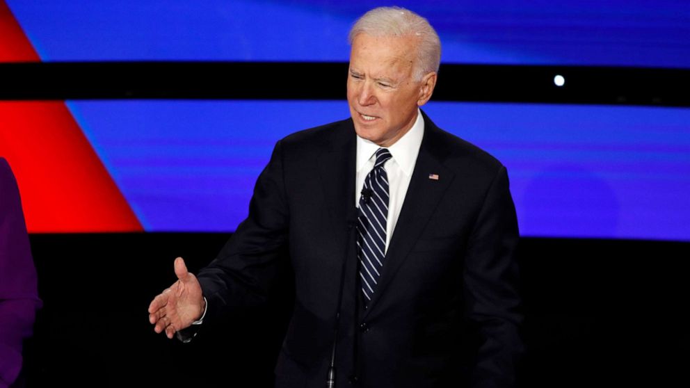 PHOTO: Former Vice President Joe Biden speaks during a Democratic presidential primary debate hosted by CNN and the Des Moines Register in Des Moines, Iowa, Jan. 14, 2020.