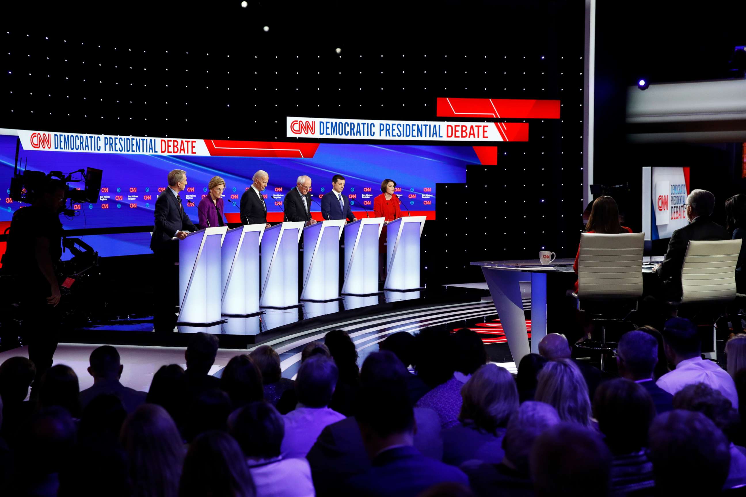 PHOTO: Democratic presidential hopefuls are seen during a Democratic presidential primary debate hosted by CNN and the Des Moines Register in Des Moines, Iowa, Jan. 14, 2020.