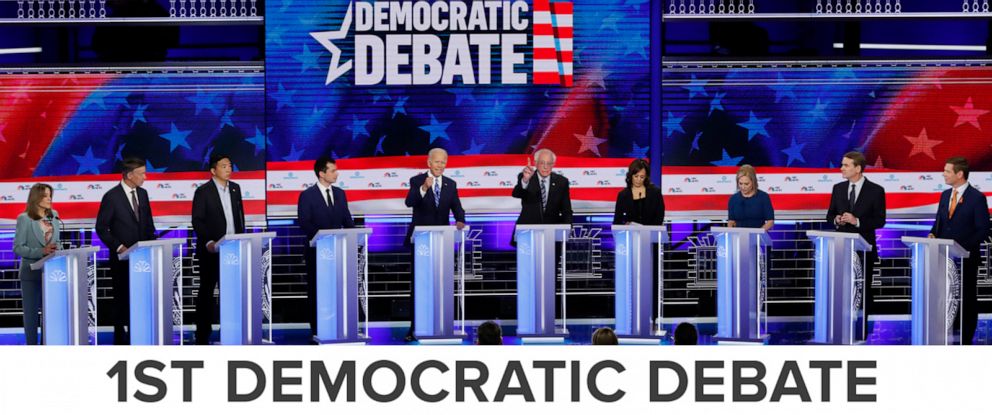 PHOTO: 2020 democratic presidential candidates participate in the second night of the first 2020 democratic presidential debate at the Adrienne Arsht Center for the Performing Arts in Miami, June 27, 2019.