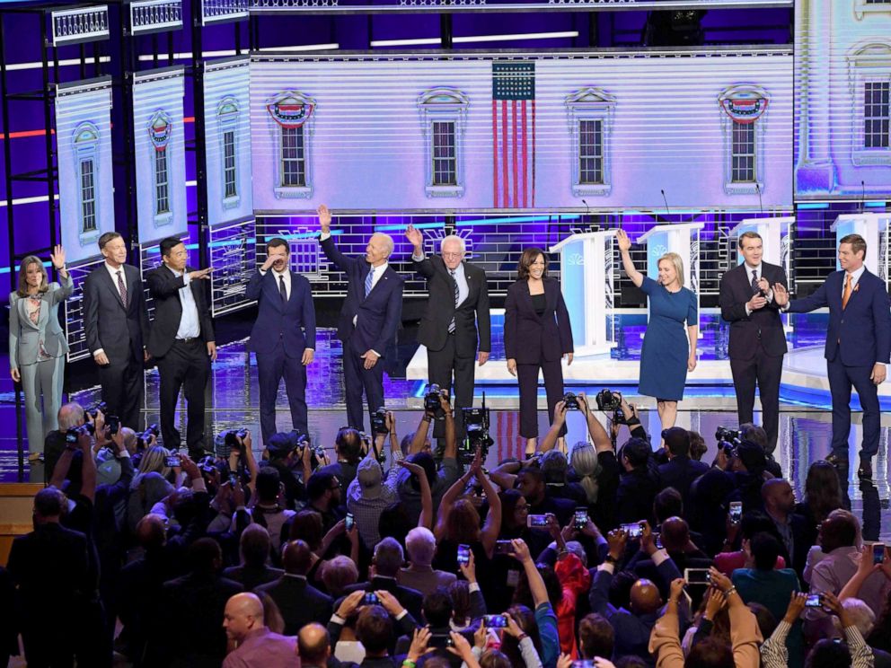 PHOTO: 2020 democratic presidential candidates participate in the second night of the first 2020 democratic presidential debate at the Adrienne Arsht Center for the Performing Arts in Miami, June 27, 2019.
