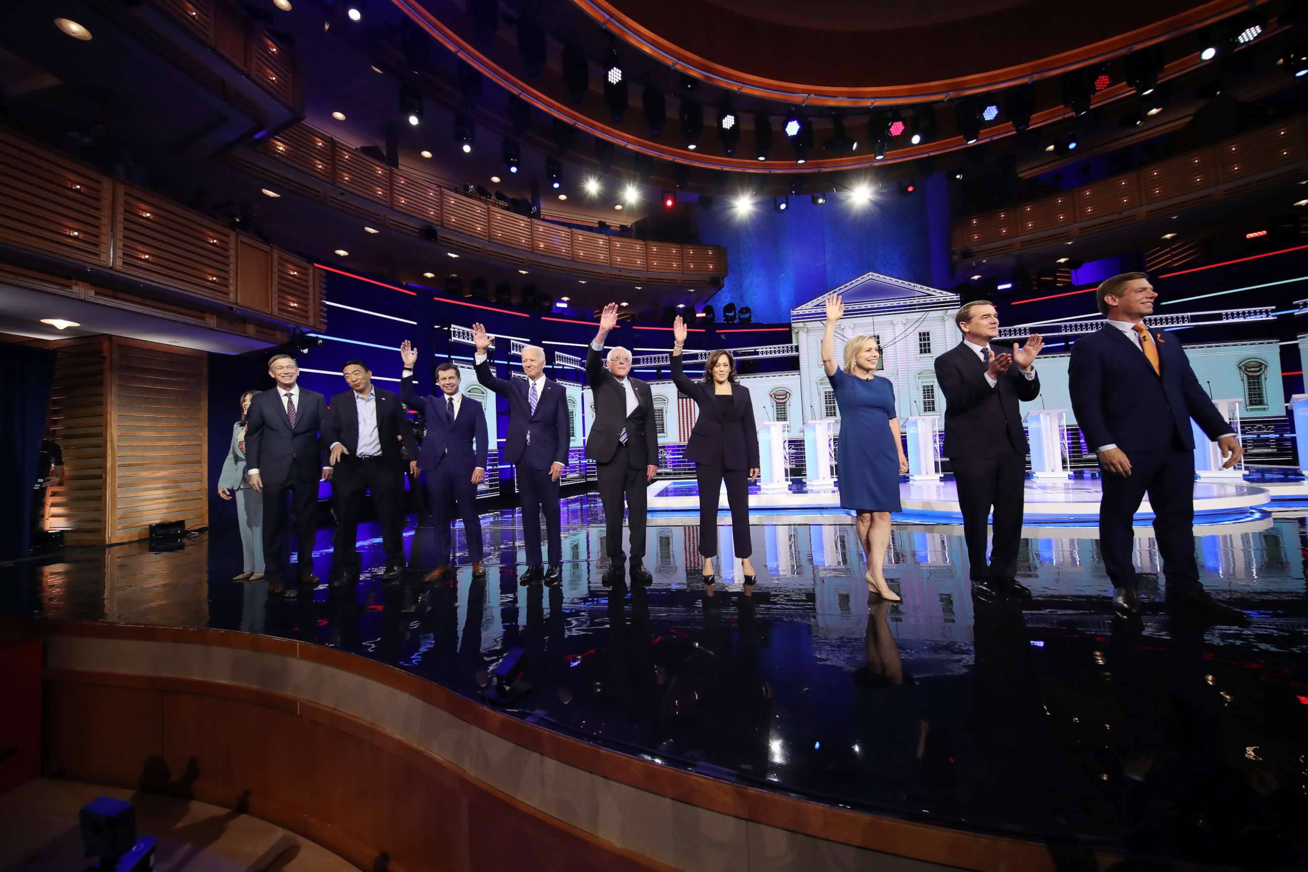 PHOTO: 2020 democratic presidential candidates participate in the second night of the first 2020 democratic presidential debate at the Adrienne Arsht Center for the Performing Arts in Miami, June 27, 2019.