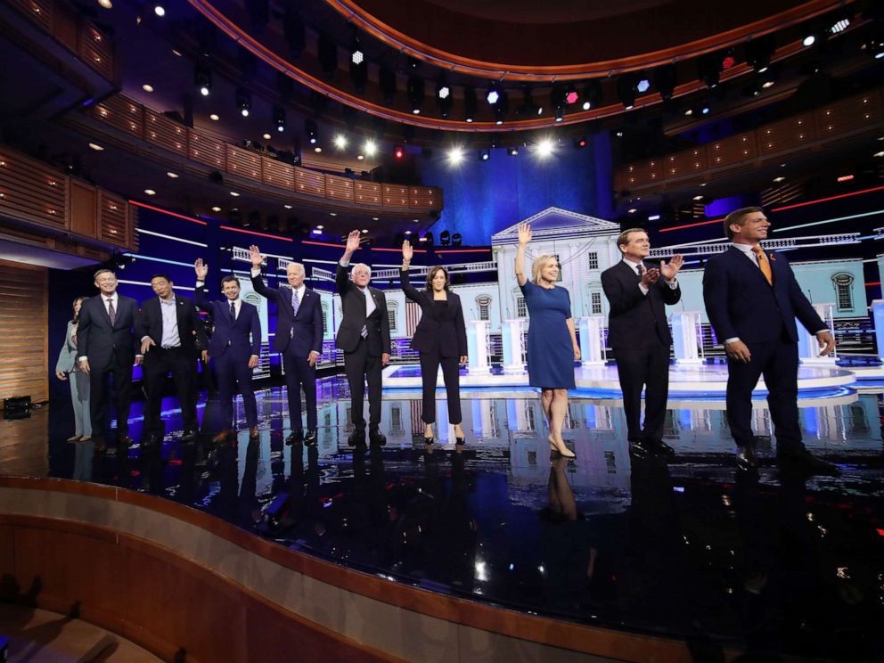PHOTO: 2020 democratic presidential candidates participate in the second night of the first 2020 democratic presidential debate at the Adrienne Arsht Center for the Performing Arts in Miami, June 27, 2019.